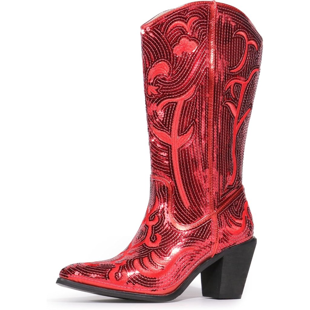 Women's Red Sequin Mid Calf Western Cowboy Boots Wide Calf High Fashion